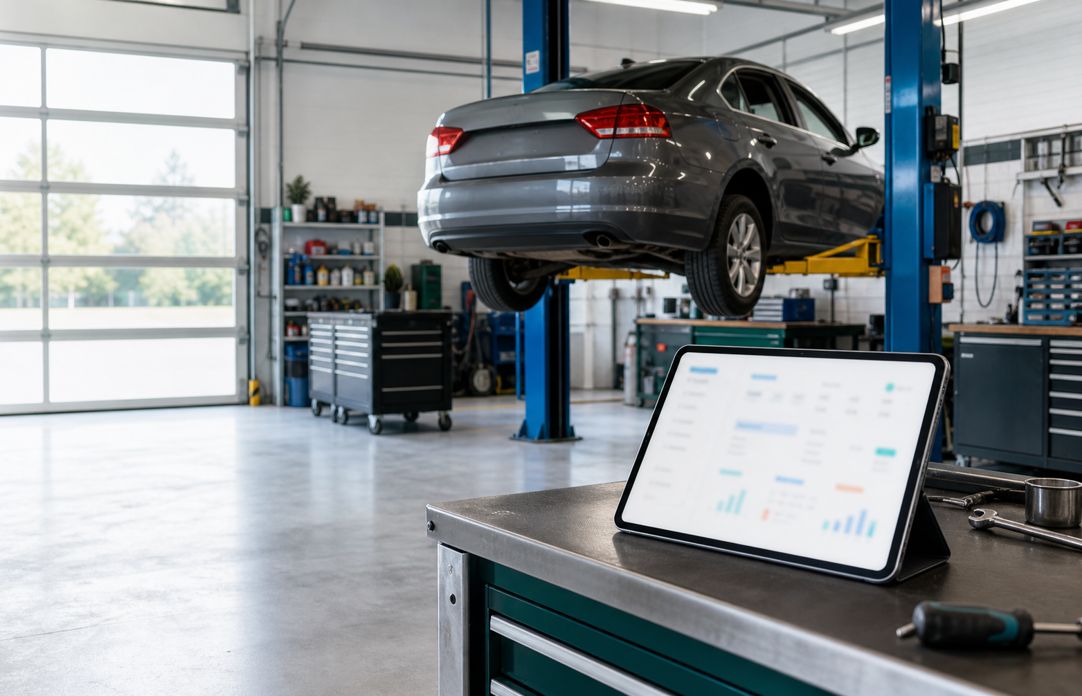 An illustrative repair workshop with a car on a lift and a tablet on the workbench.